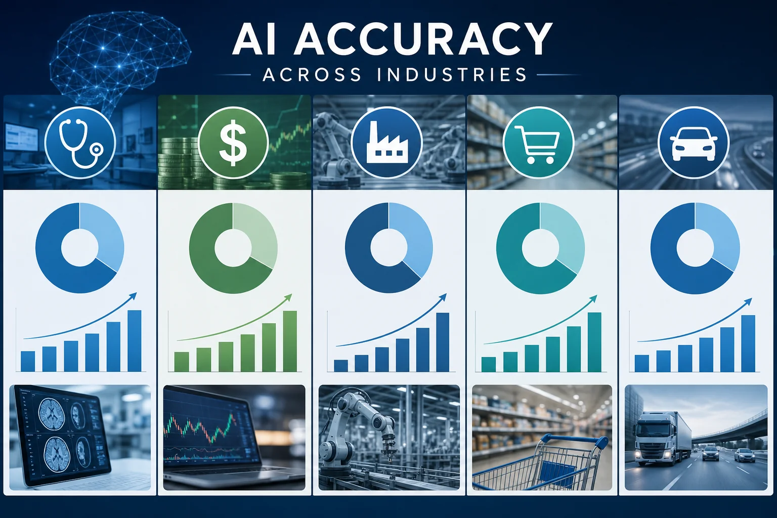 Infographic illustrating AI accuracy across industries with icons and graphs for healthcare, finance, manufacturing, retail,