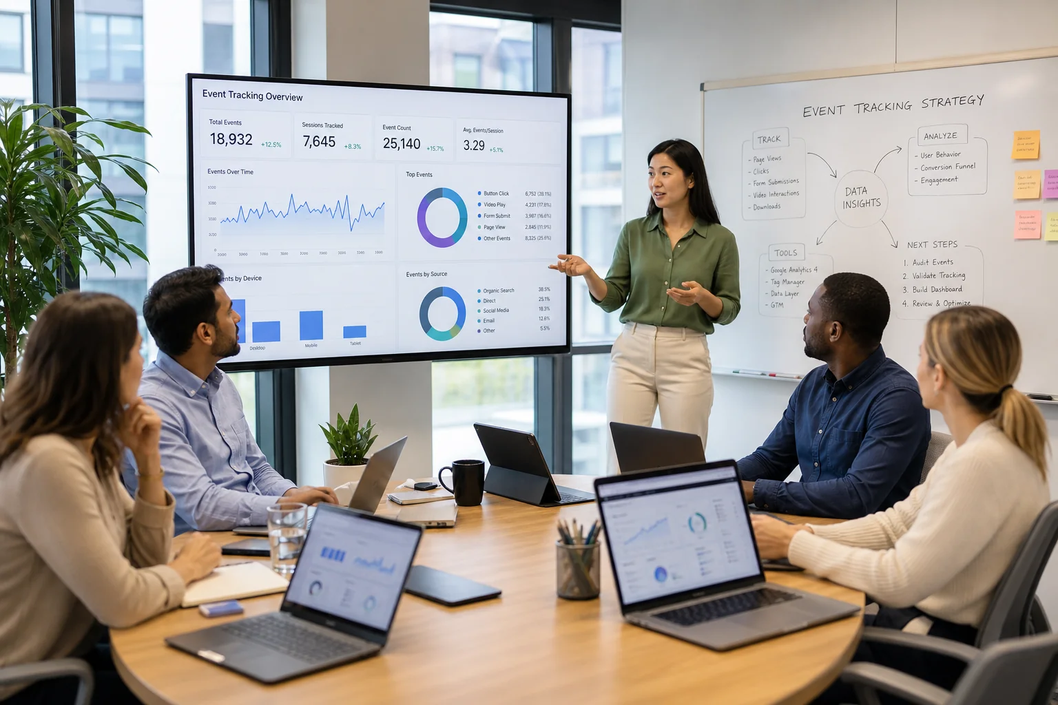 Diverse professionals collaborate in a bright office, analyzing data visualizations on a screen and discussing event tracking