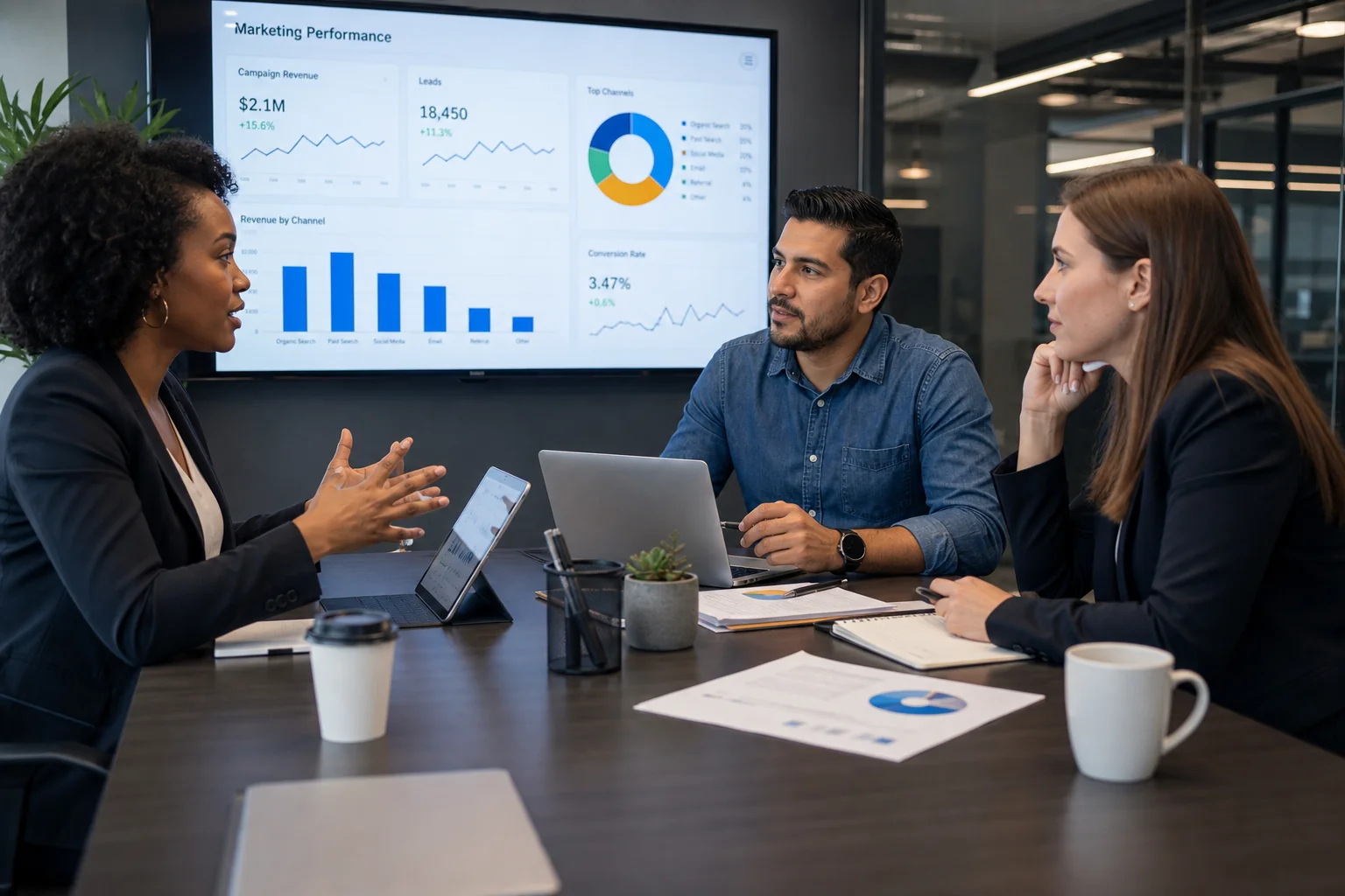 Diverse professionals collaborate in a modern office, analyzing data on laptops with charts displayed, fostering teamwork and
