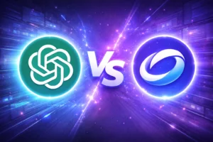 DeepSeek vs ChatGPT comparison graphic showing both AI logos facing off in a futuristic blue-purple digital scene