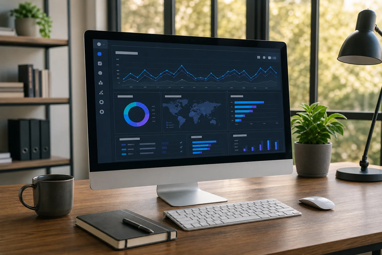 A sleek workspace with a modern computer displaying an analytics dashboard, bathed in natural light, exuding professionalism.