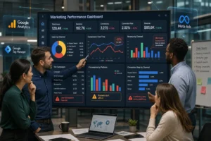 A vibrant digital marketing dashboard with conflicting graphs, surrounded by diverse professionals discussing data insights.