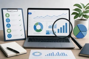 Infographic depicting a GA4 audit with icons for checklist items, a magnifying glass, and data visualizations in soft blues a