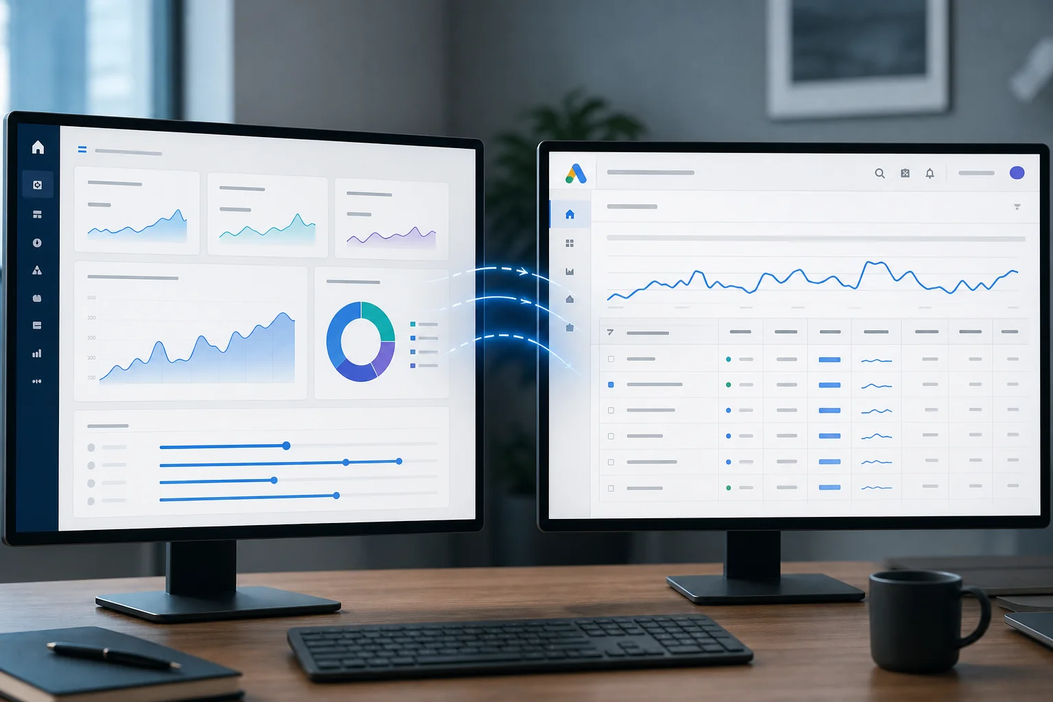 Split-screen image: one side shows a digital analytics dashboard, the other a Google Ads interface, both in corporate blues a