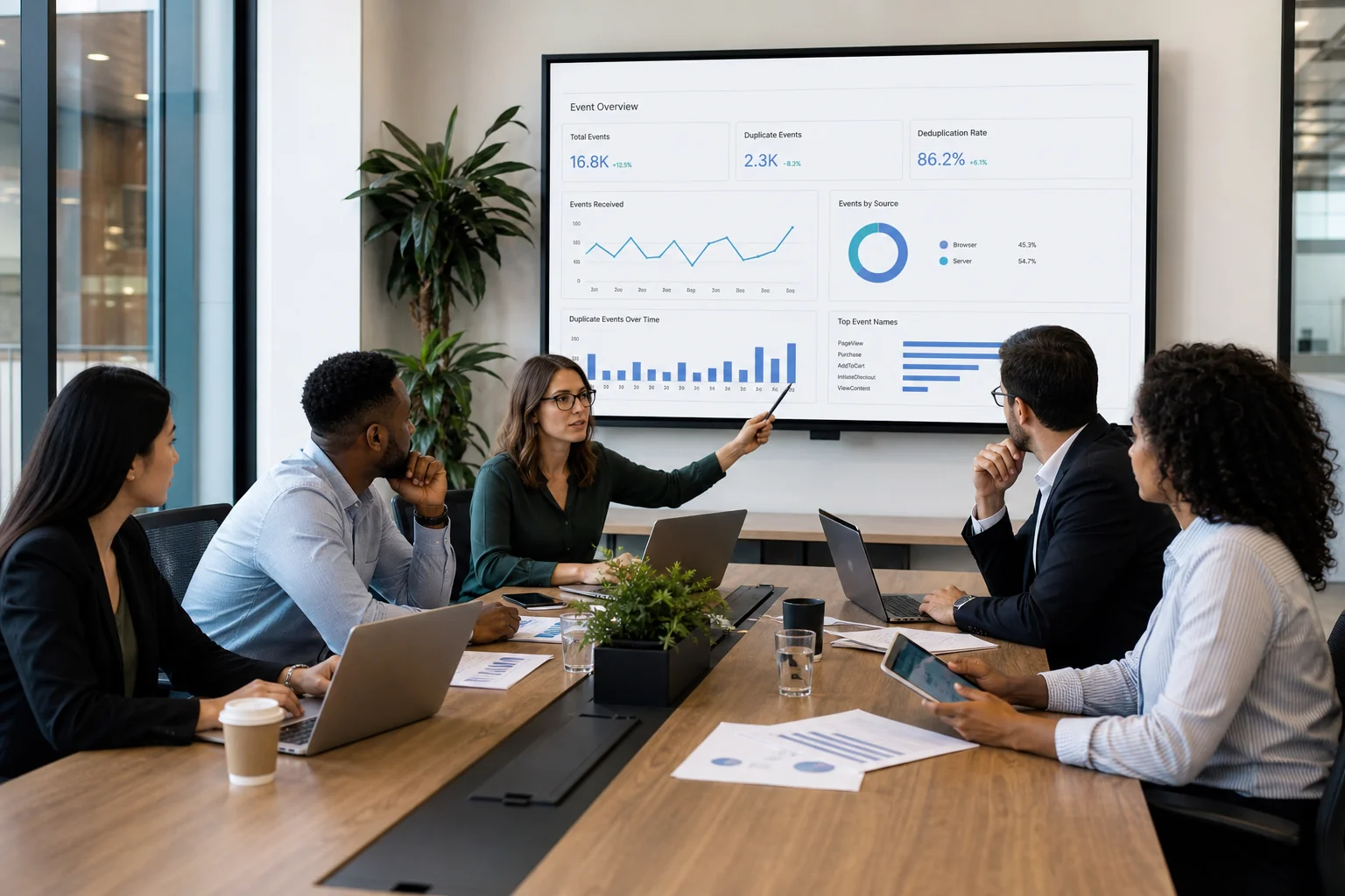 Diverse professionals collaborate in a sleek conference room, analyzing data on devices, with graphs displayed on a large scr
