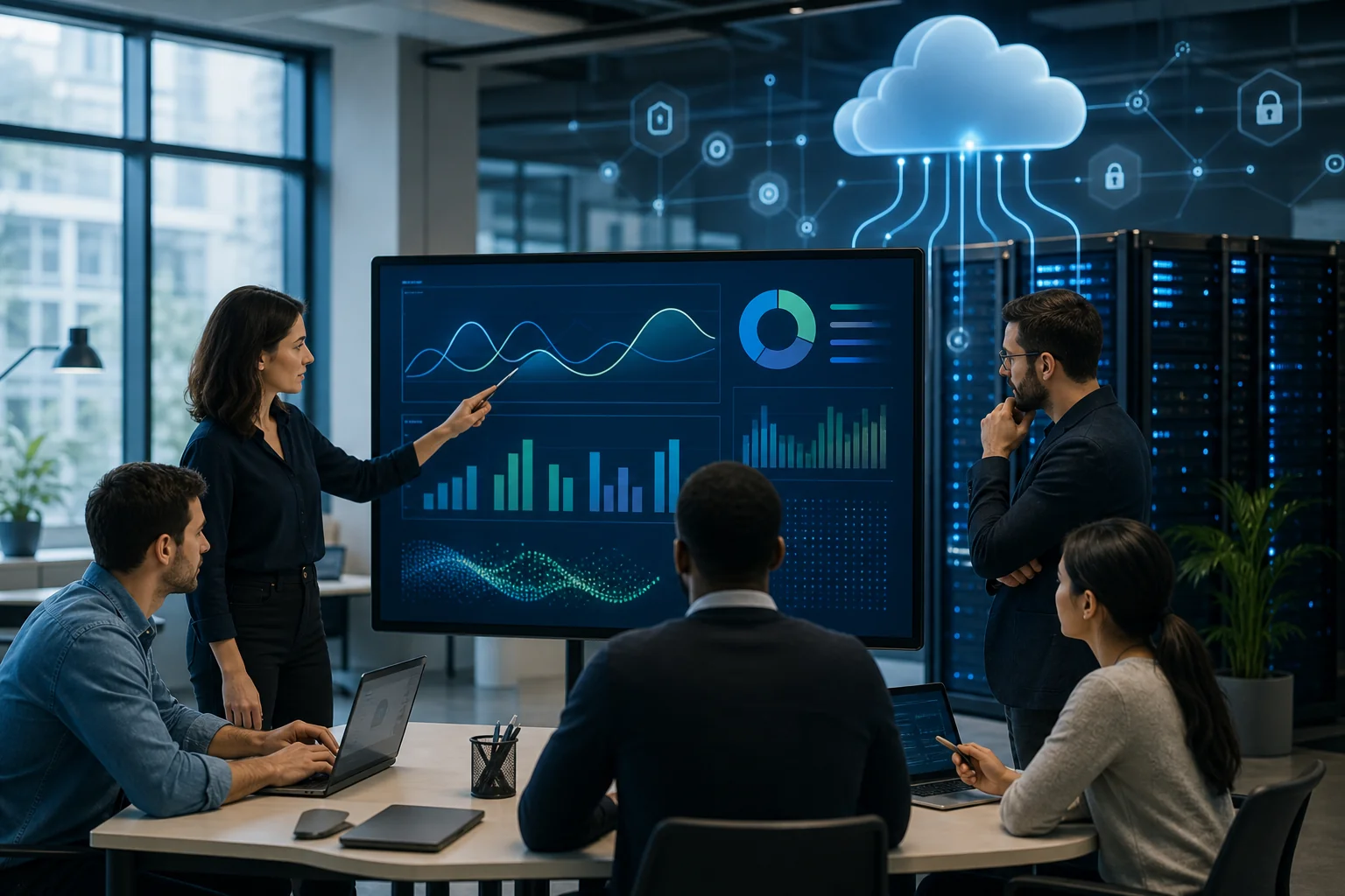 A diverse team collaborates around a digital screen, showcasing graphs and data in a modern office focused on digital marketi