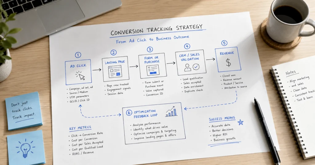 Google Ads conversion tracking strategy mapped from ad click and landing page activity to qualified leads, revenue and campaign optimization.