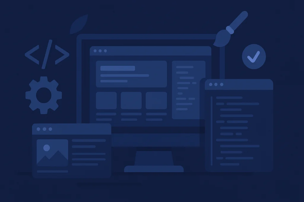 Flat design illustration of web design and coding elements on a dark blue background, showing a computer monitor with code, browser windows, and design icons, representing a professional web development environment without any text.