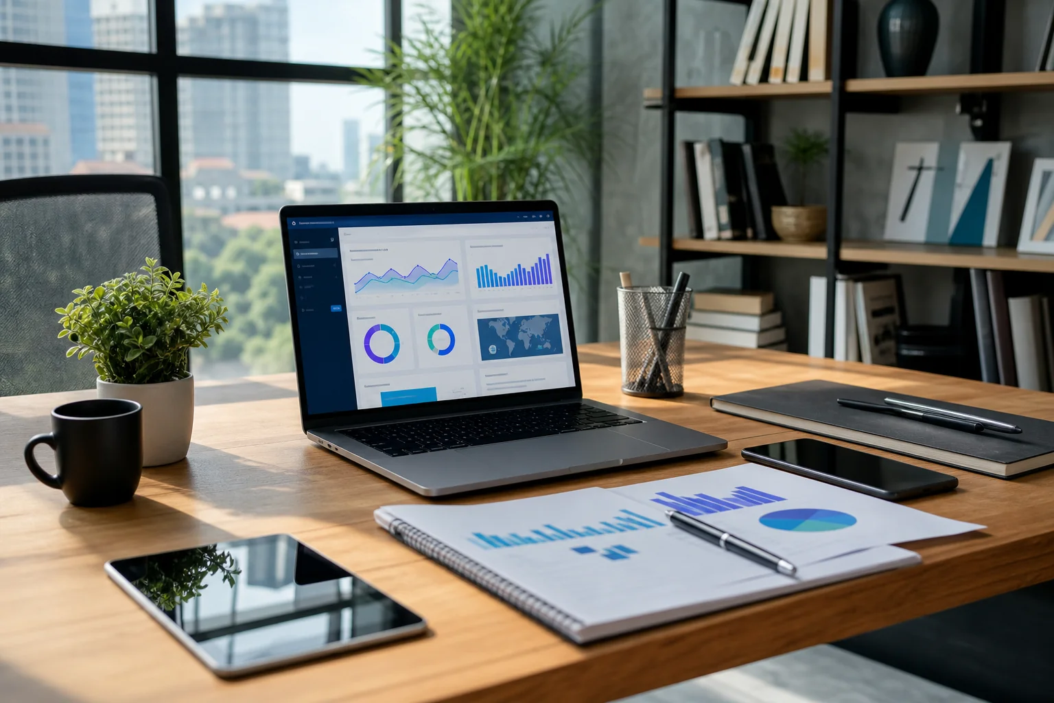 Modern office workspace for an ecommerce agency, featuring a sleek desk, high-end laptop, and tools in a bright, organized se