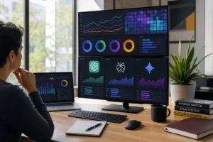 A modern office with a person analyzing colorful data analytics on multiple screens, illuminated by natural light.