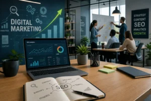 A vibrant digital illustration of a modern marketing agency workspace, featuring a sleek desk, analytics on a laptop, and tea