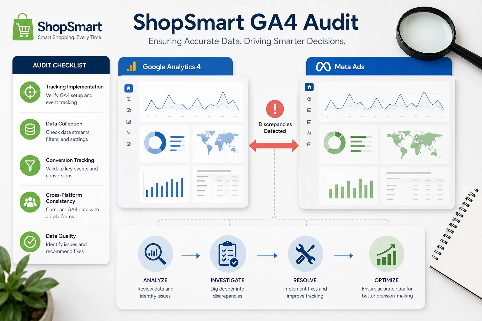 Infographic illustrating a GA4 audit for "ShopSmart," featuring icons for analysis, checklists, and graphs, in a professional