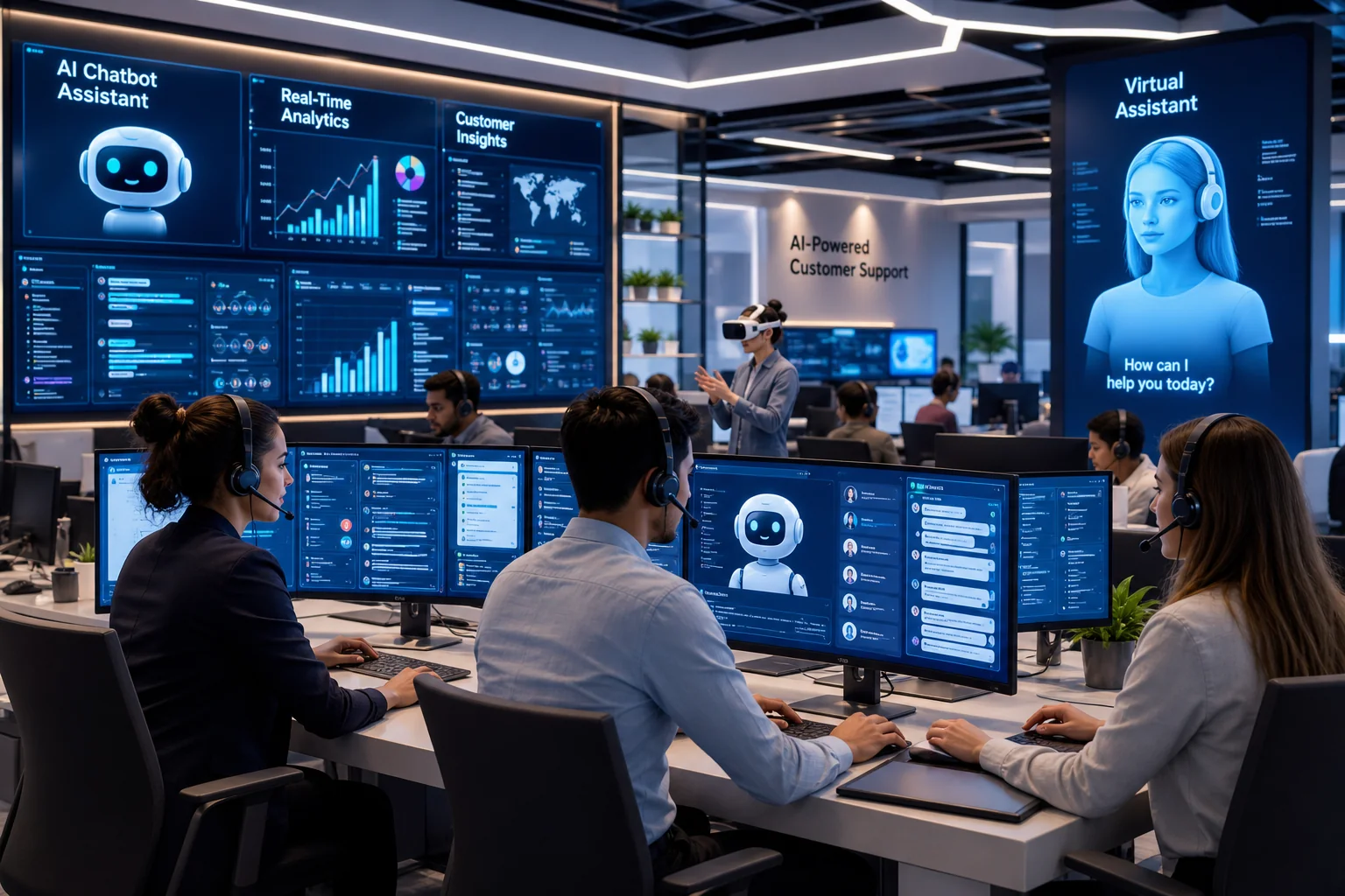 A modern customer support center with diverse agents using AI tools, featuring sleek tech and a collaborative, innovative atm