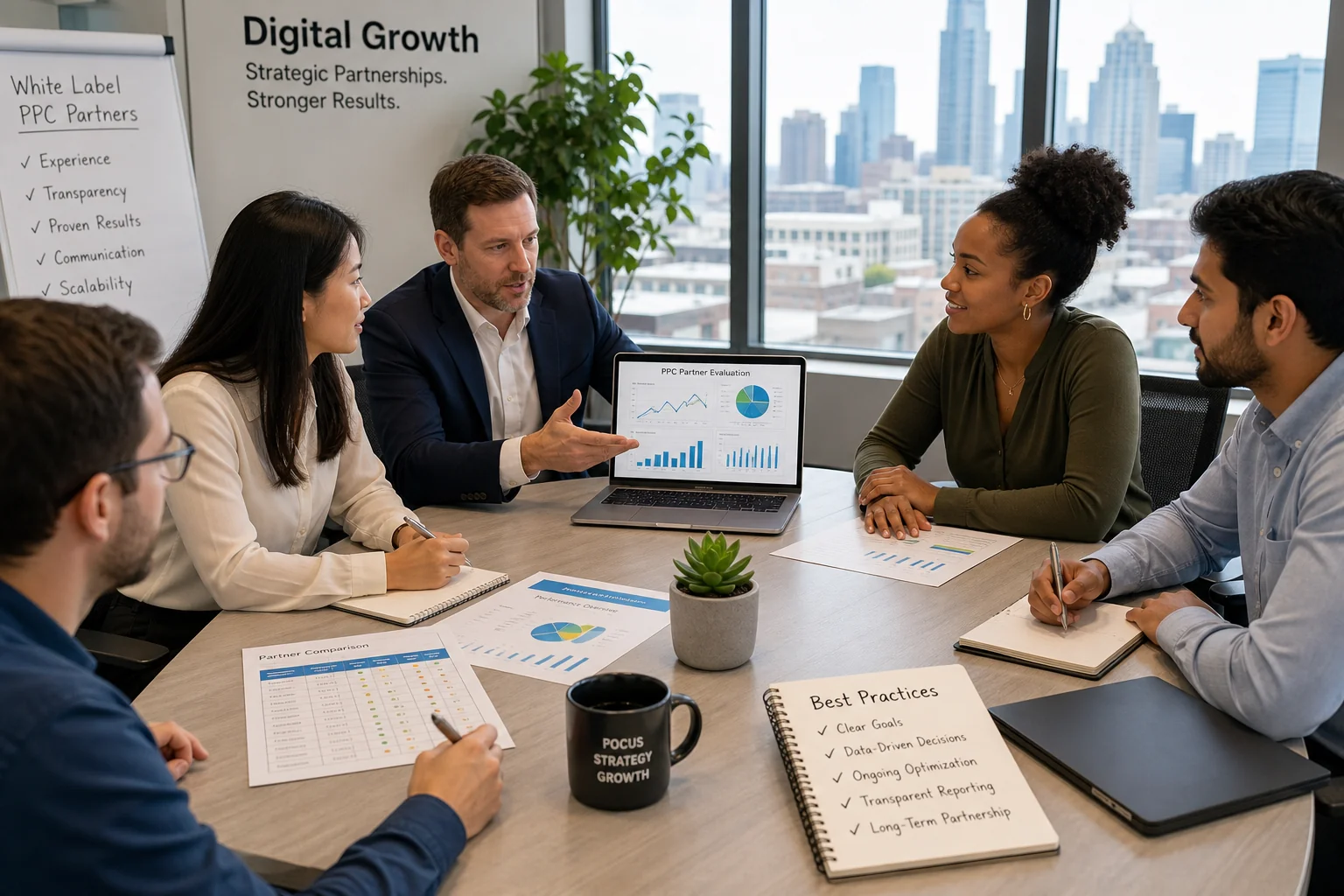 A diverse group of professionals discusses PPC partnerships in a modern office, with analytics on a laptop and city views.