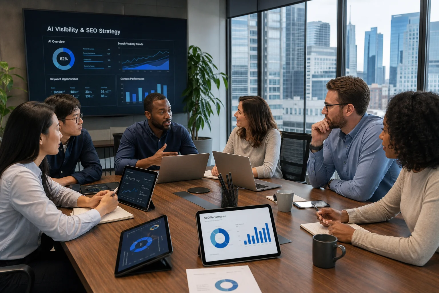 Diverse professionals collaborate at a modern conference table, brainstorming SEO and AI strategies in a bright office with s