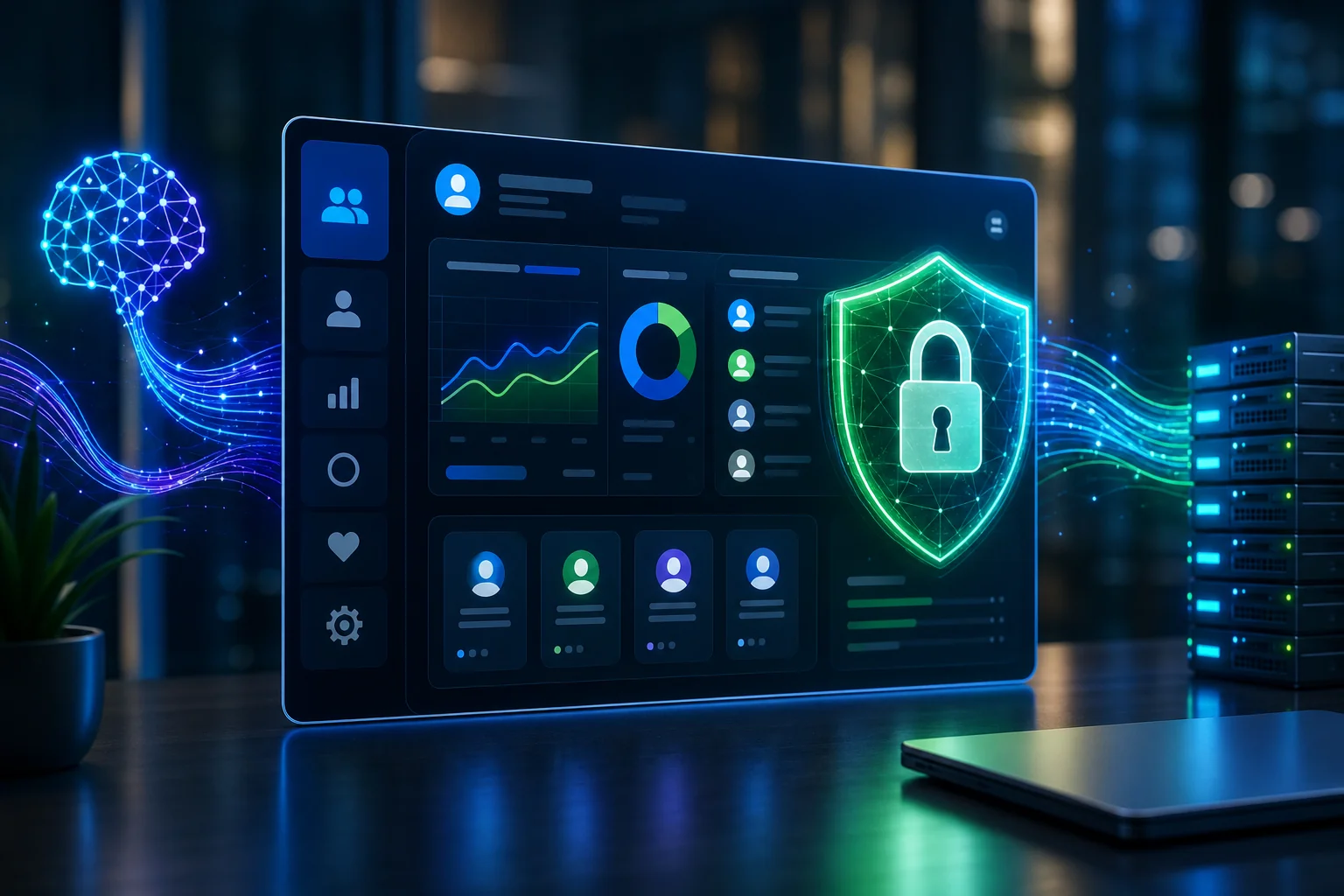 Digital illustration of a secure CRM dashboard, featuring data graphs, user profiles, and symbols of security in a trust-insp