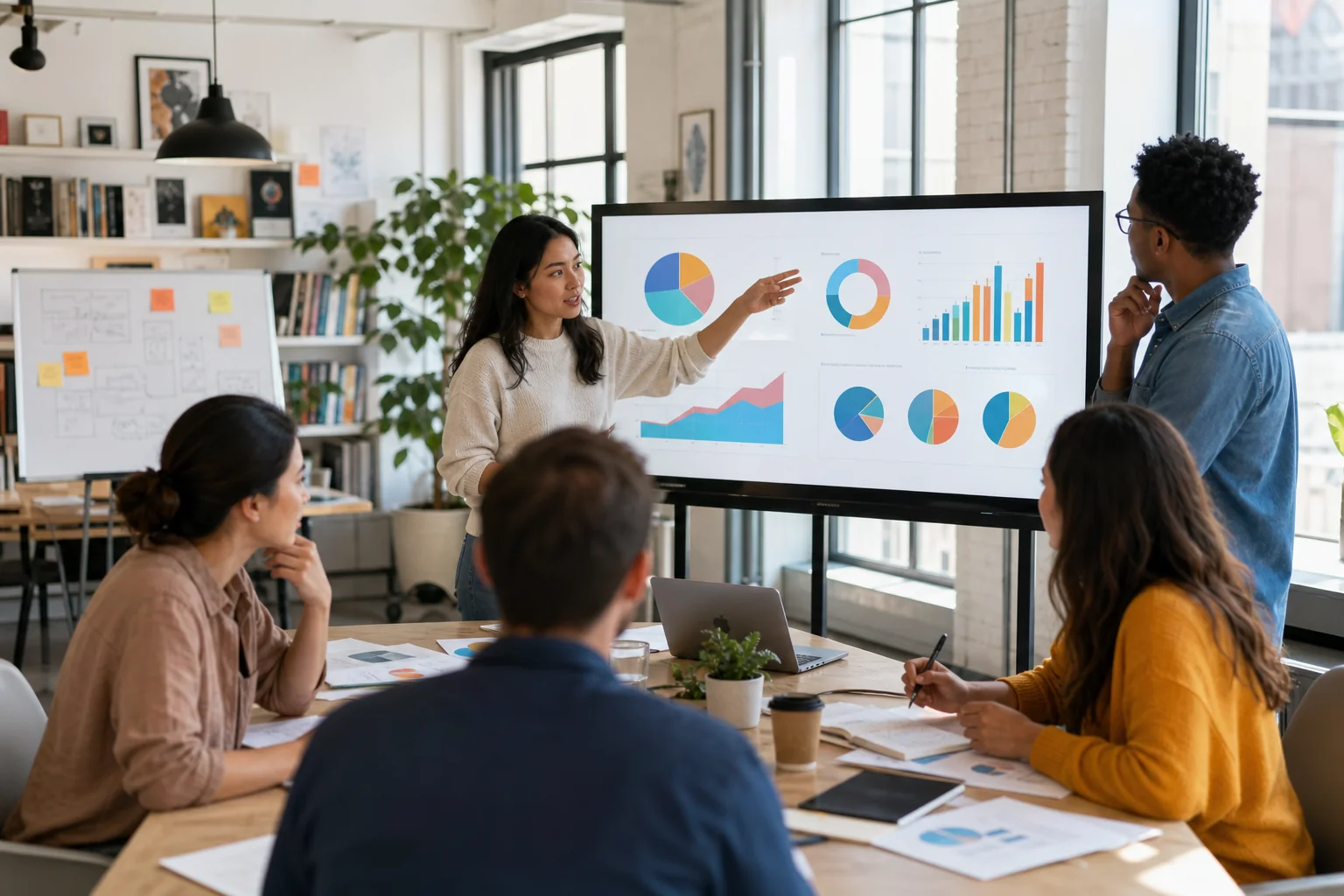 A diverse team collaborates in a bright office, analyzing client satisfaction metrics on a digital screen amidst brainstormin