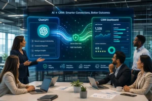 A vibrant office scene with professionals discussing AI and CRM integration, featuring glowing screens and flowing data strea