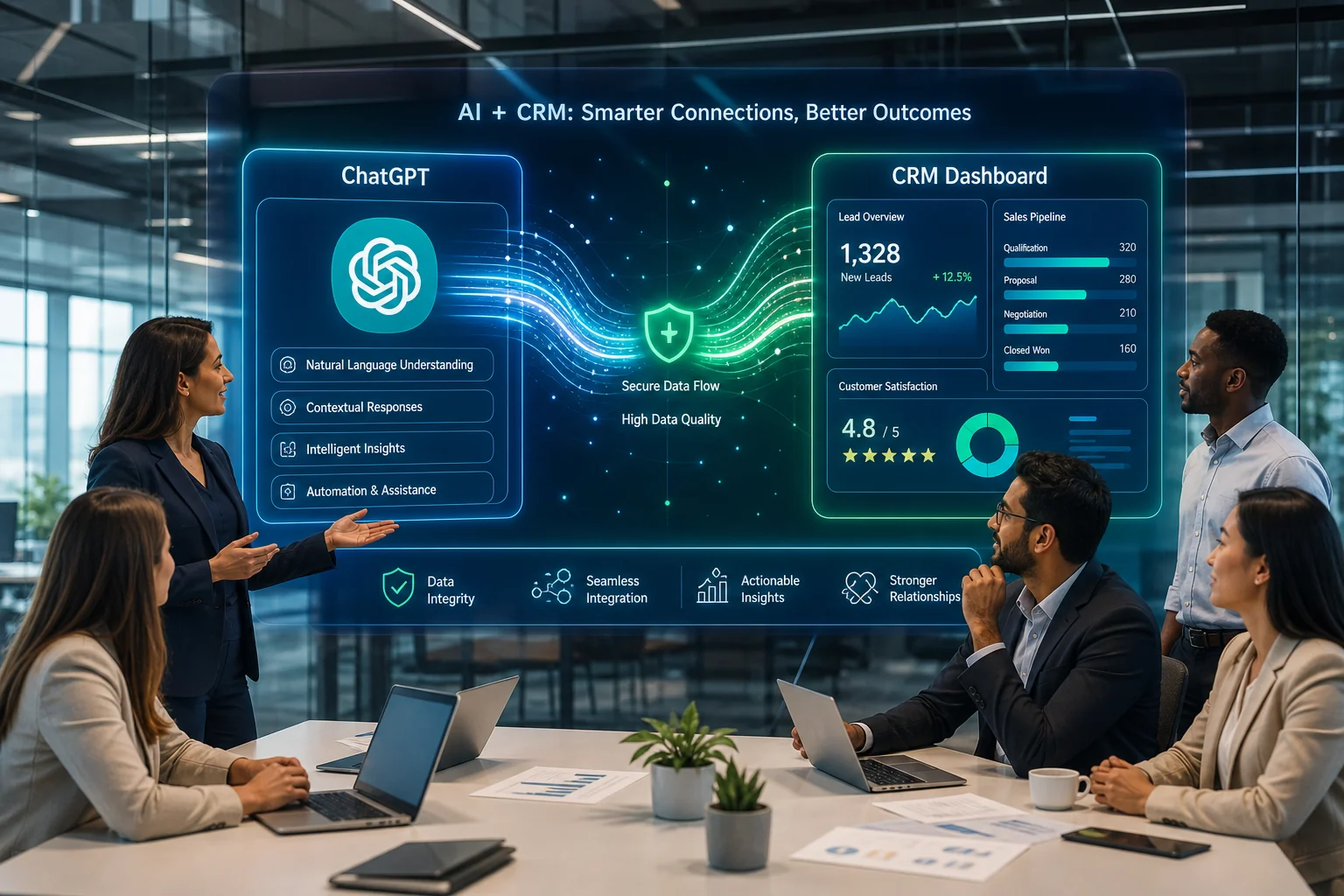 A vibrant office scene with professionals discussing AI and CRM integration, featuring glowing screens and flowing data strea