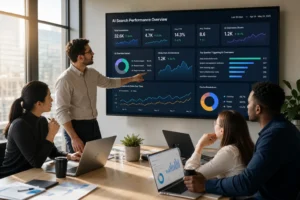 A modern workspace with diverse professionals analyzing AI data on screens, bathed in natural light, fostering collaboration