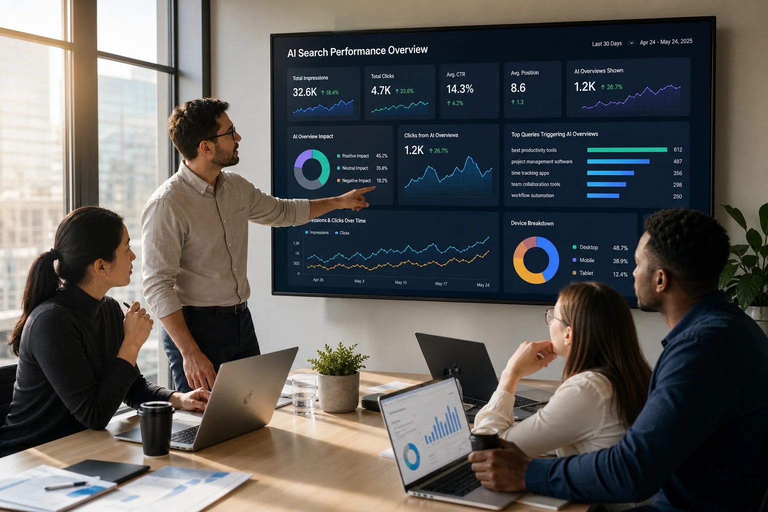 A modern workspace with diverse professionals analyzing AI data on screens, bathed in natural light, fostering collaboration