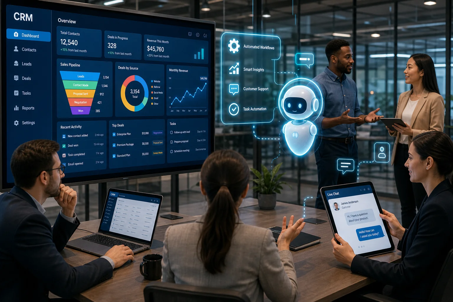 A vibrant digital illustration of a modern office with diverse professionals engaging with a glowing AI avatar and a CRM dash