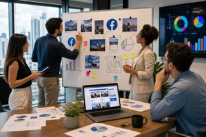 A vibrant office scene with diverse marketing professionals brainstorming at a whiteboard, showcasing teamwork and creativity