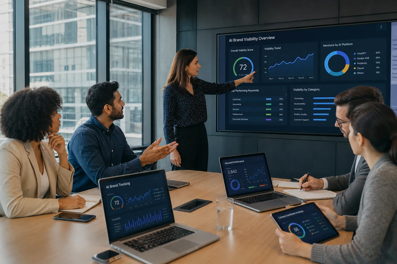 A diverse team collaborates in a bright office, discussing AI-driven brand metrics on digital devices, fostering innovation a
