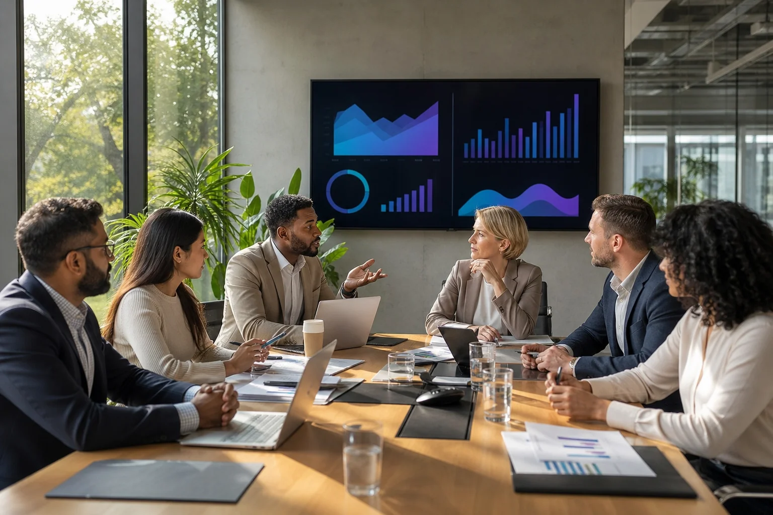 A diverse group of business professionals collaborates at a sleek conference table, discussing strategies in a sunlit, modern