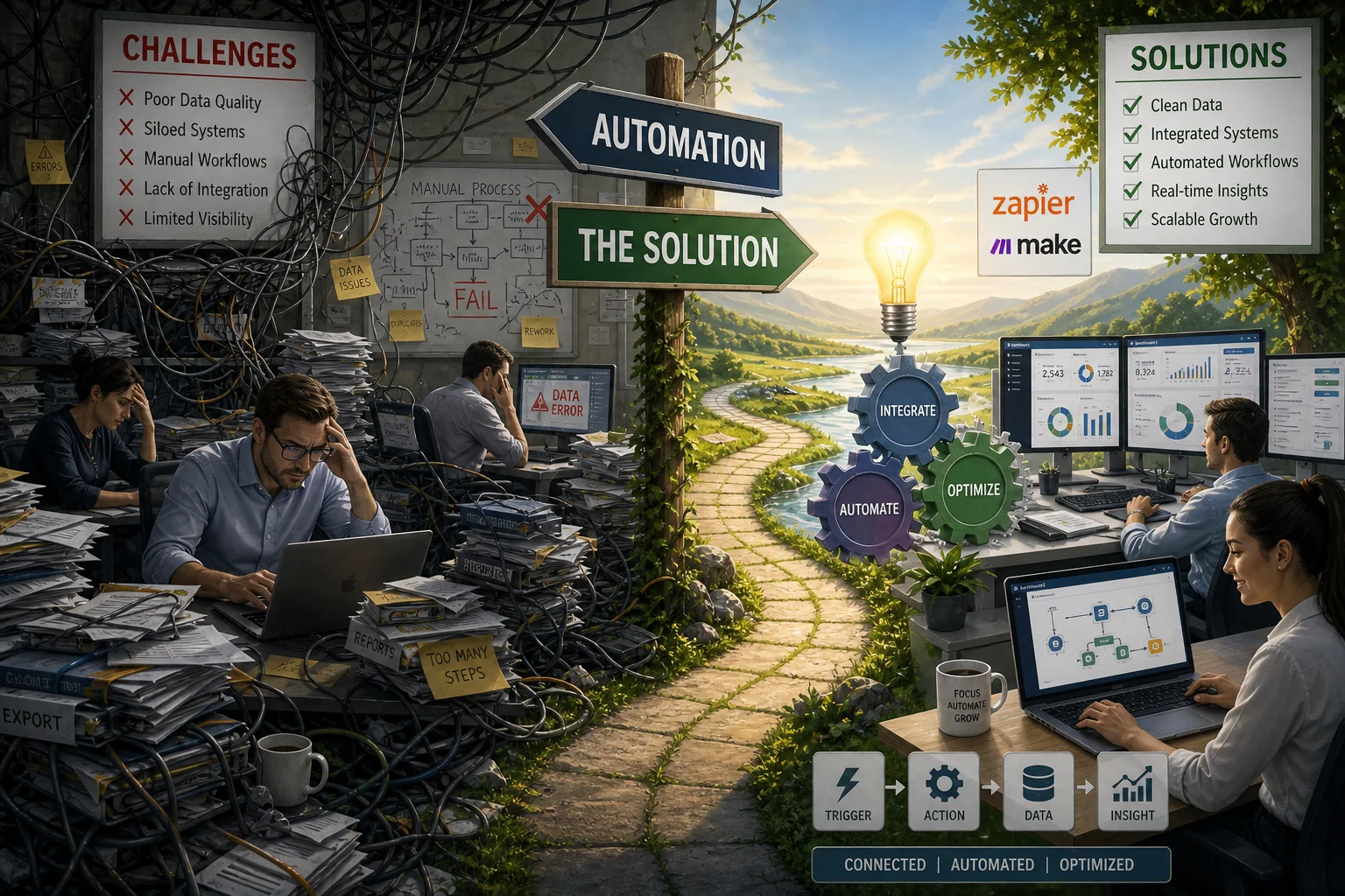A split scene contrasts a chaotic workspace with tangled wires and frustrated people against a serene, organized environment