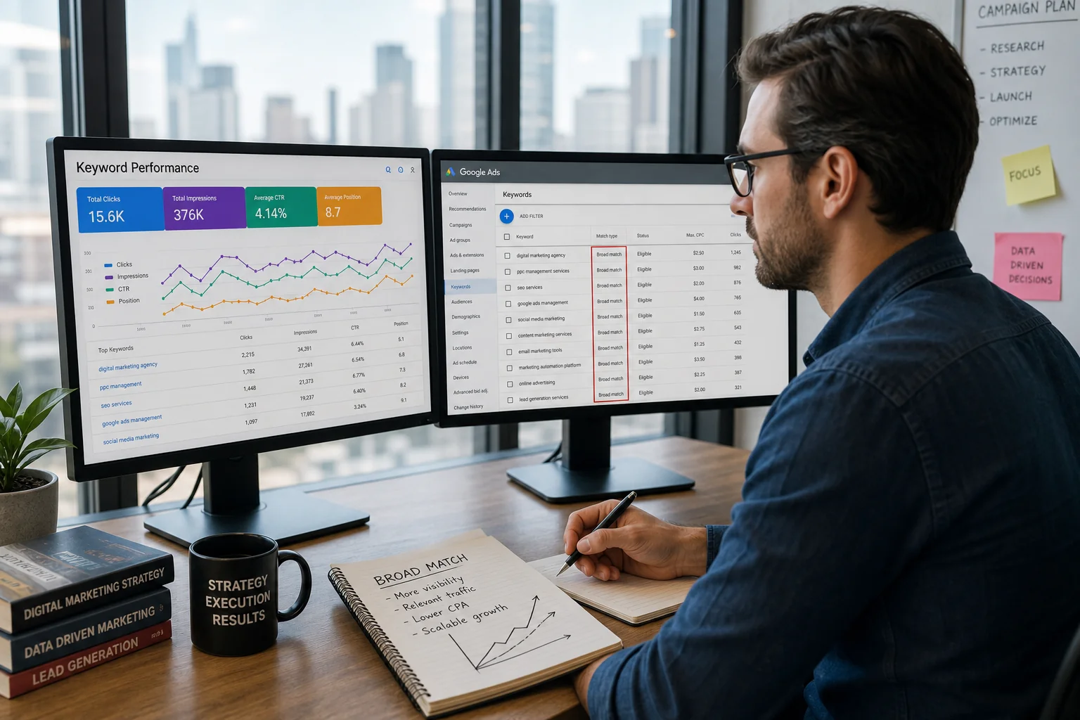A digital marketing strategist analyzes data on multiple screens in a modern office, with city views and vibrant marketing ma