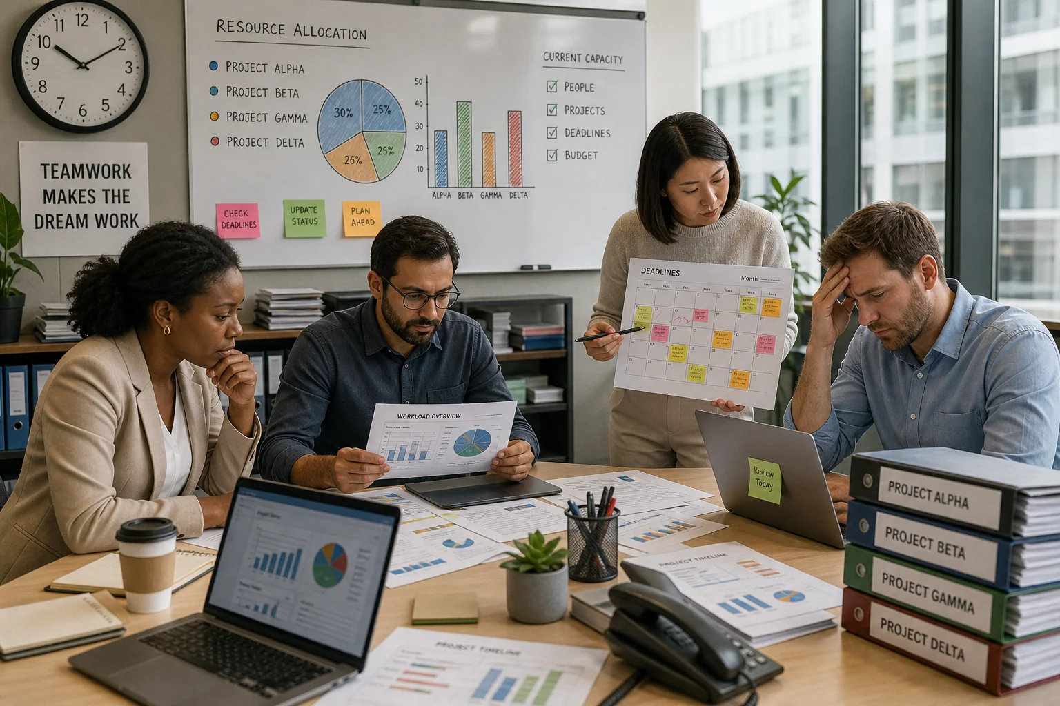 A diverse team collaborates in a modern office, analyzing workload with charts, files, and a calendar, highlighting urgency a