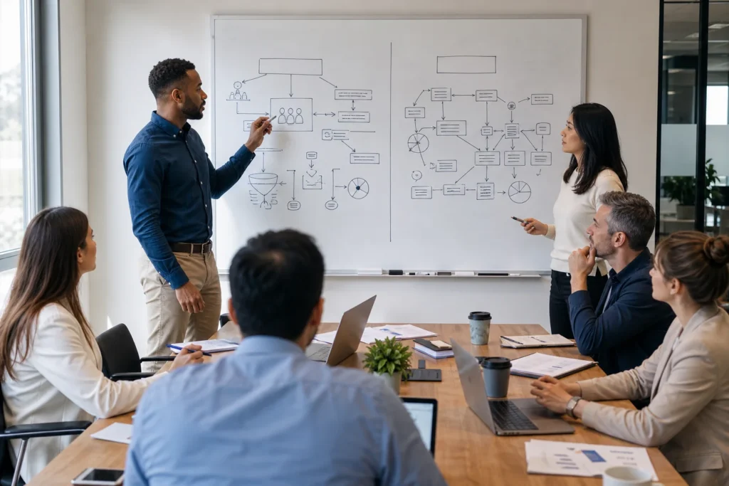 A diverse team collaborates in a bright office, analyzing flowcharts on a whiteboard about customer retention strategies.