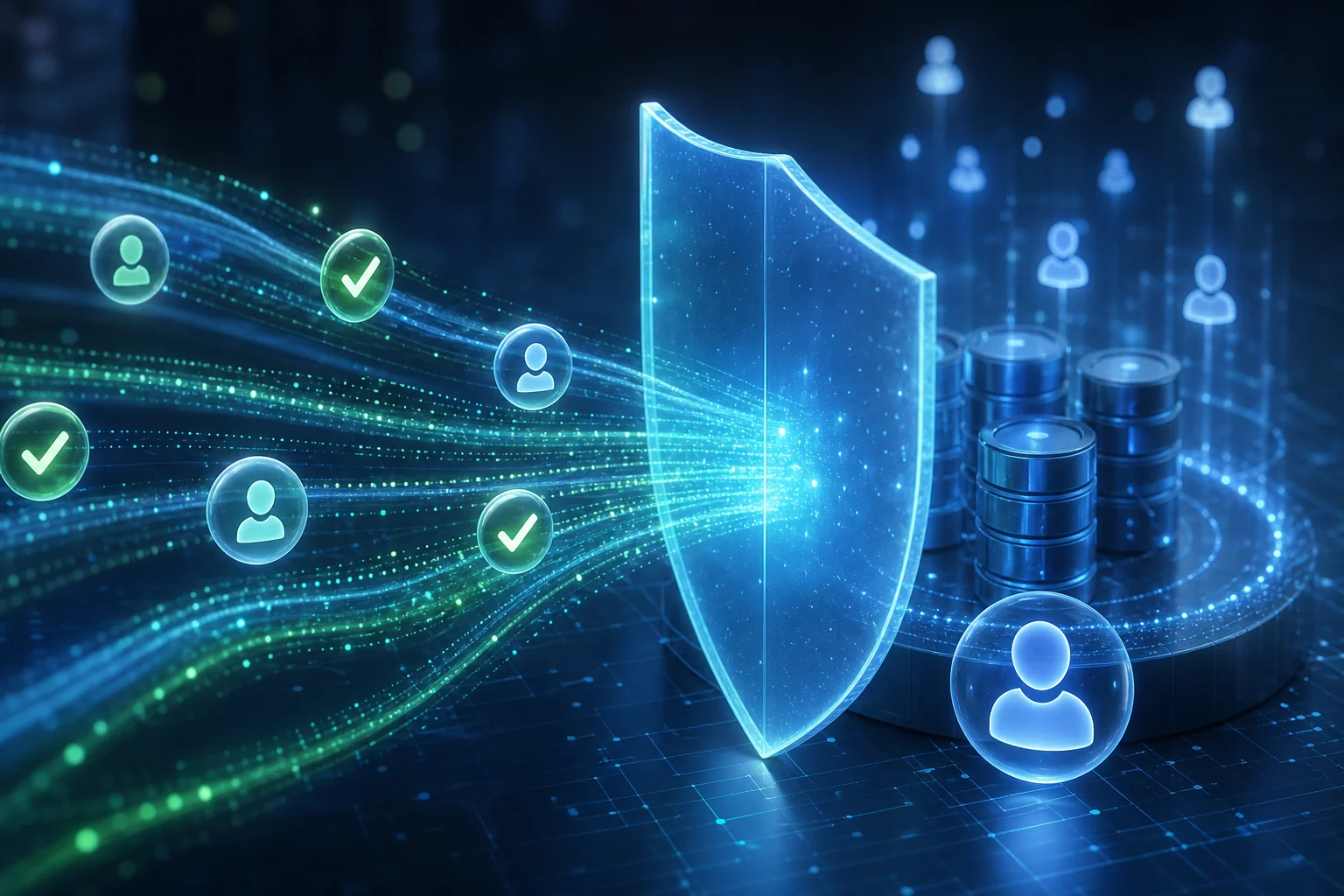 Abstract digital landscape illustrating data flow with consent icons and a protective shield, using blue and green tones for