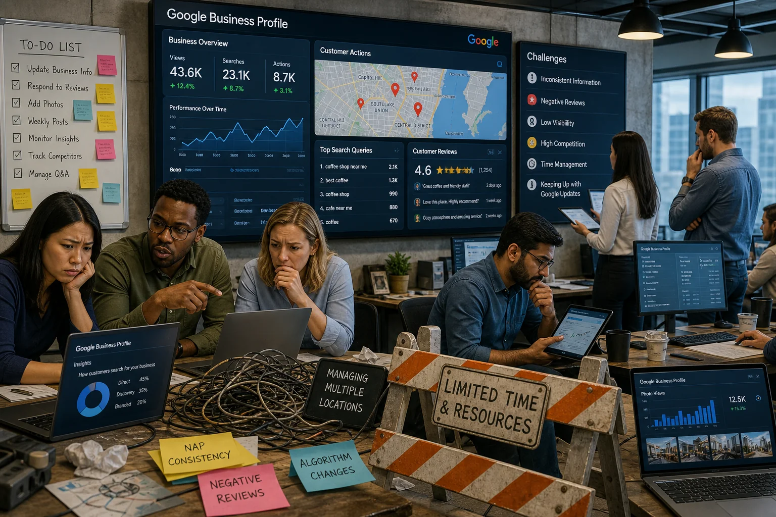 A diverse team analyzes Google Business Profile data in a busy office, surrounded by screens and visual symbols of challenges