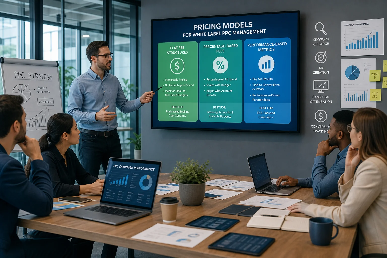 A modern office scene with diverse professionals brainstorming PPC pricing models, featuring digital screens and marketing ic
