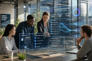 A vibrant futuristic office with diverse professionals analyzing AI-driven data on sleek interfaces, surrounded by holographi