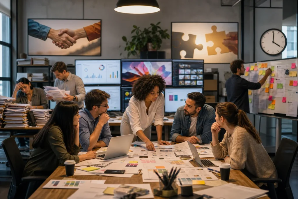 A vibrant illustration of a diverse marketing team collaborating at a table, surrounded by screens, paperwork, and signs of u