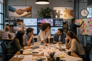 A vibrant illustration of a diverse marketing team collaborating at a table, surrounded by screens, paperwork, and signs of u
