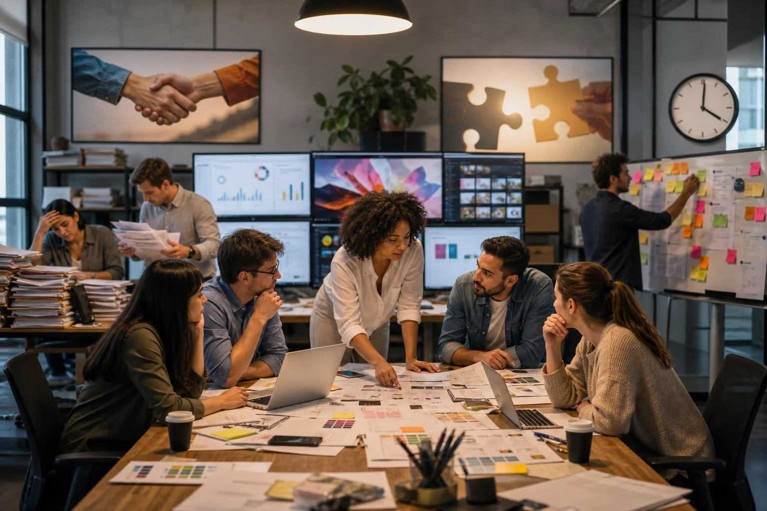 A vibrant illustration of a diverse marketing team collaborating at a table, surrounded by screens, paperwork, and signs of u