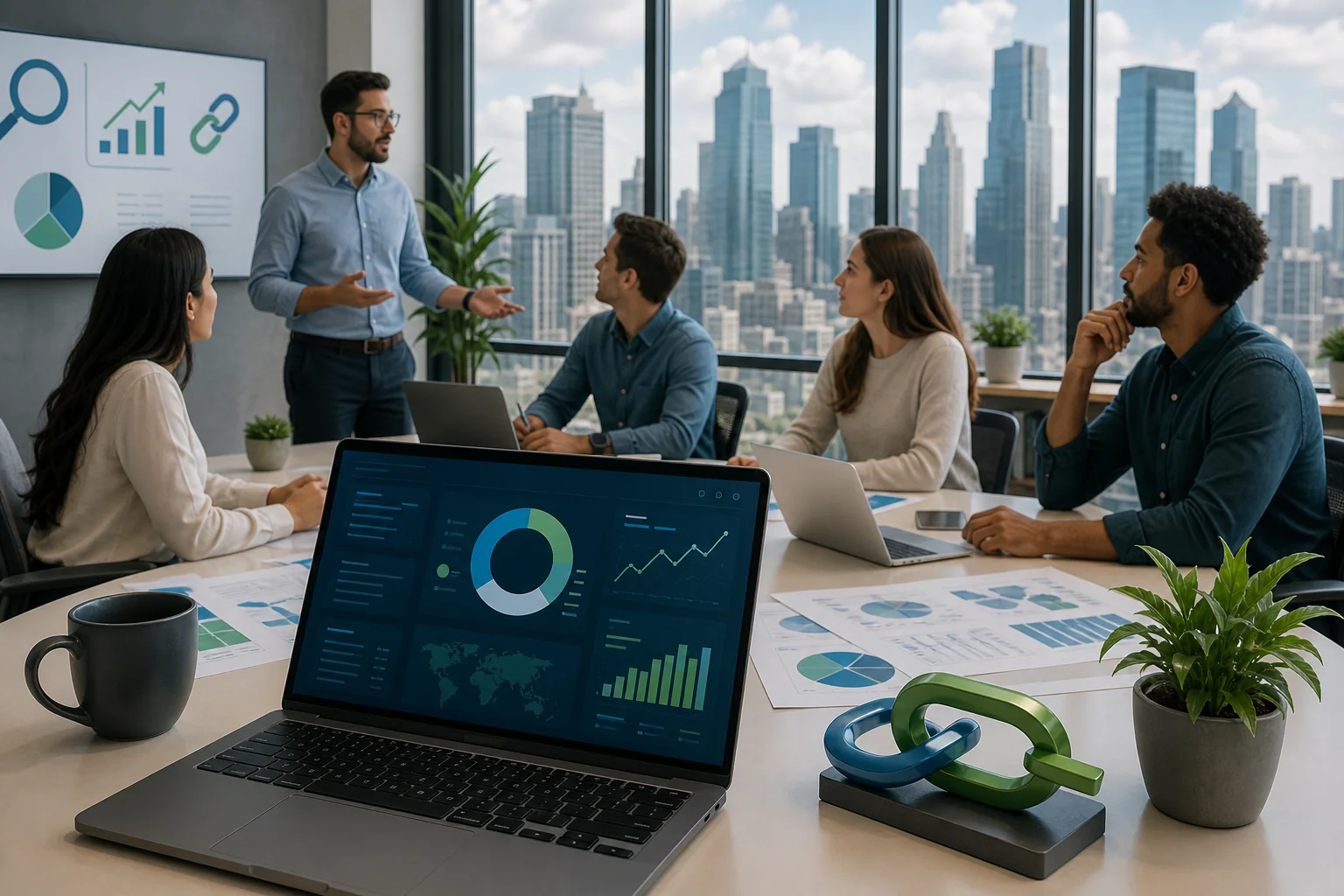 A diverse team collaborates in a sleek office, analyzing SEO metrics on a laptop, with a city skyline visible through a windo