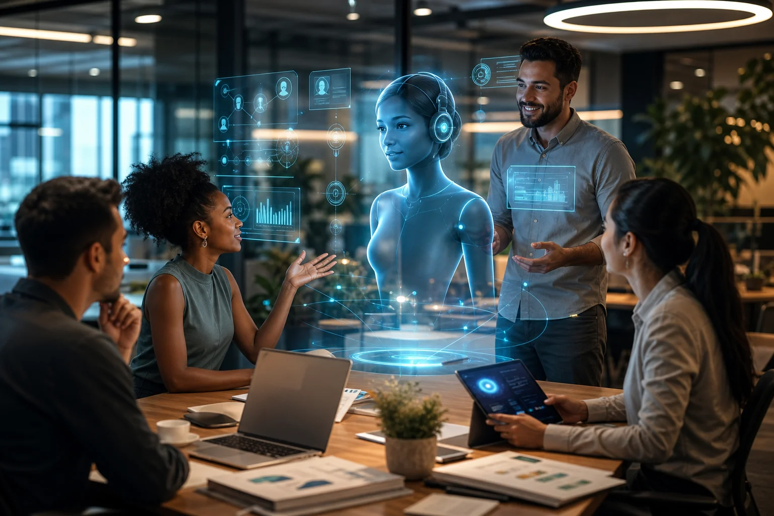 A sleek office scene with a friendly AI interface assisting a diverse marketing team, featuring holographic analytics and a c