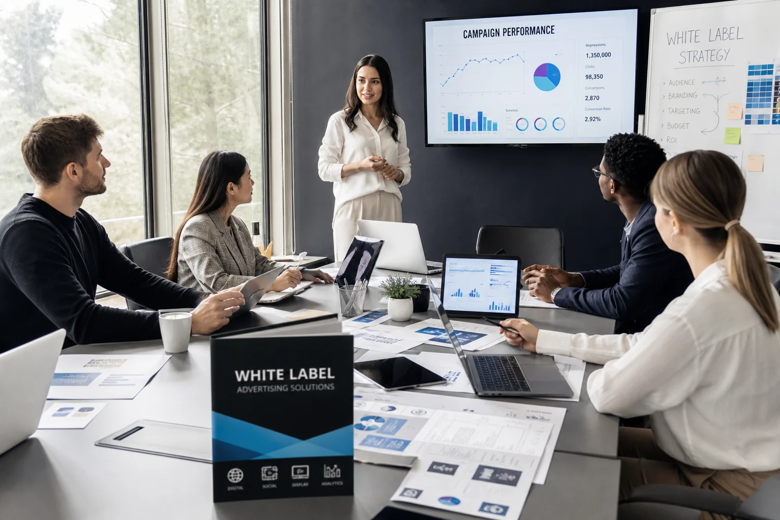 Diverse marketing team collaborates at a sleek table, analyzing digital campaigns with charts and branding materials in a bri