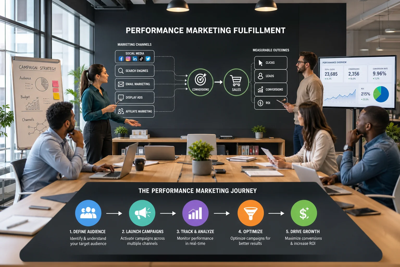 A vibrant office scene shows diverse professionals collaborating on performance marketing, with charts, analytics, and interc