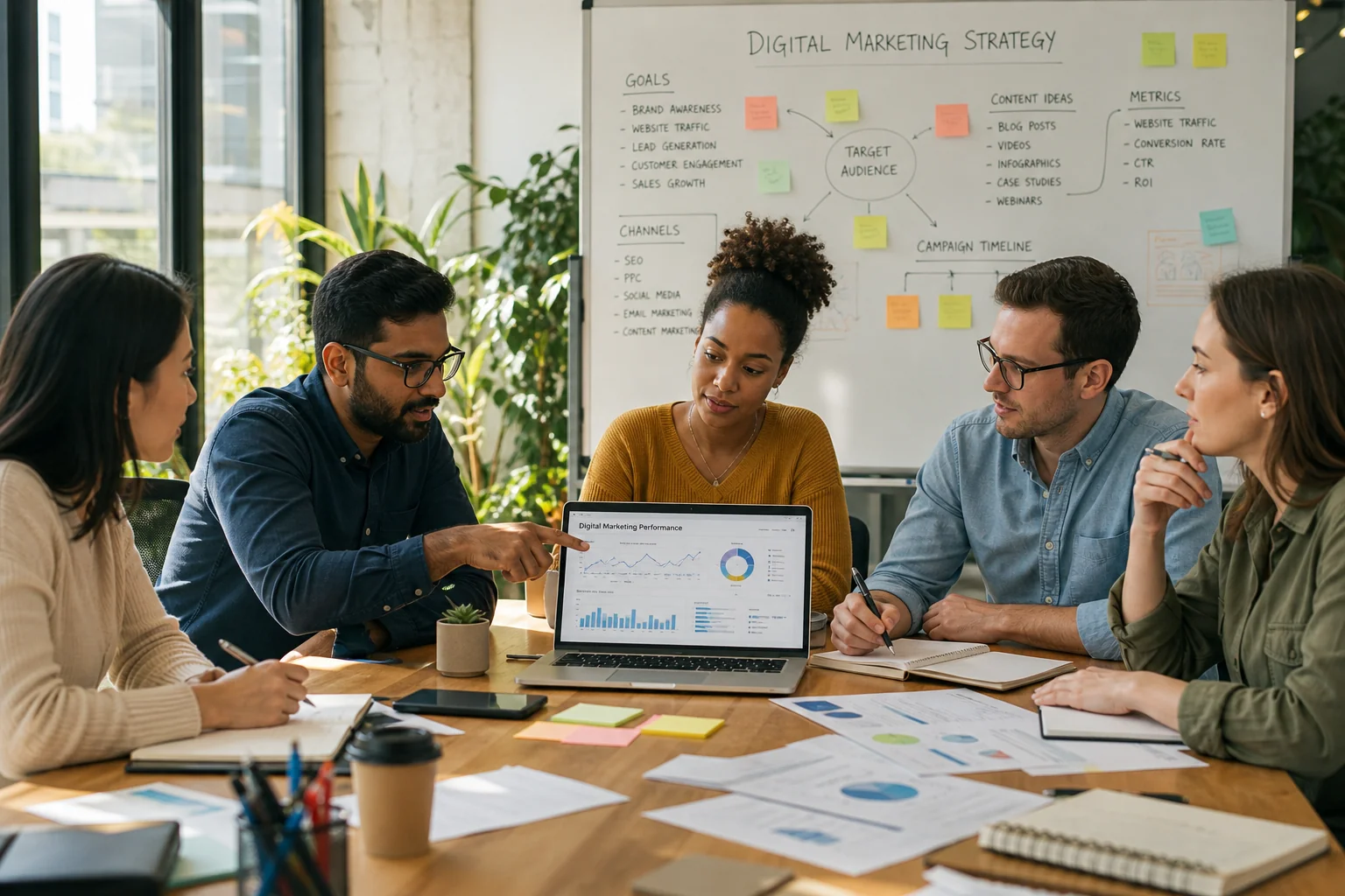 A diverse team collaborates in a bright office, discussing digital marketing data on a laptop, with notes and diagrams in vie