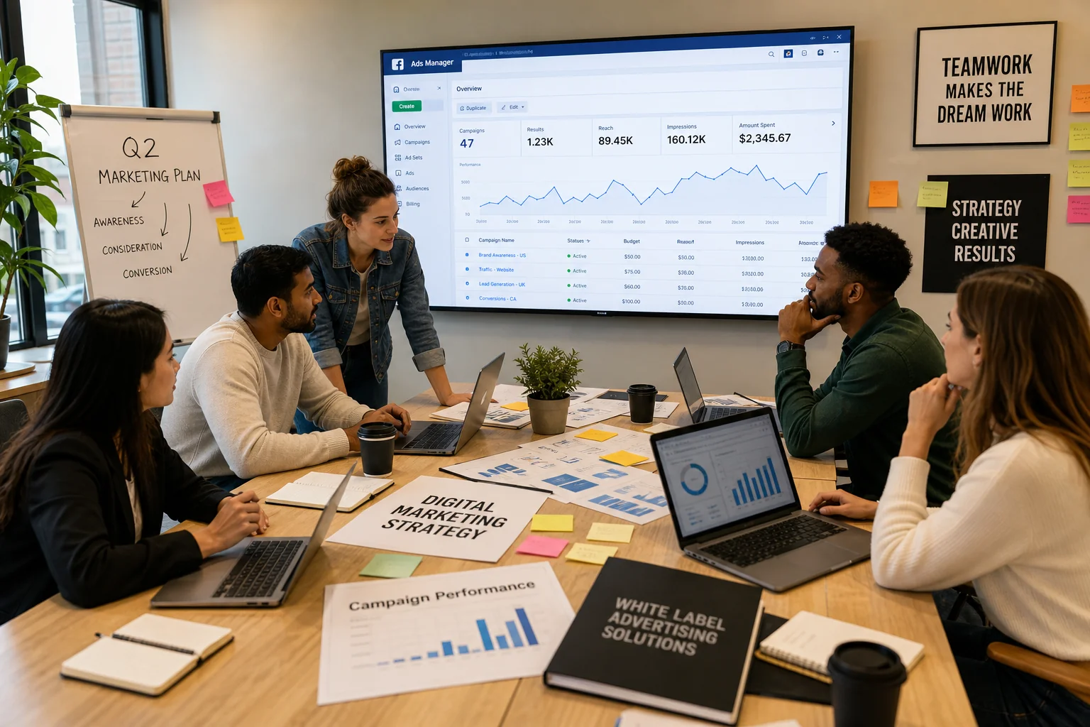 A diverse team collaborates in a vibrant workspace, analyzing digital marketing data and strategies around a large table.