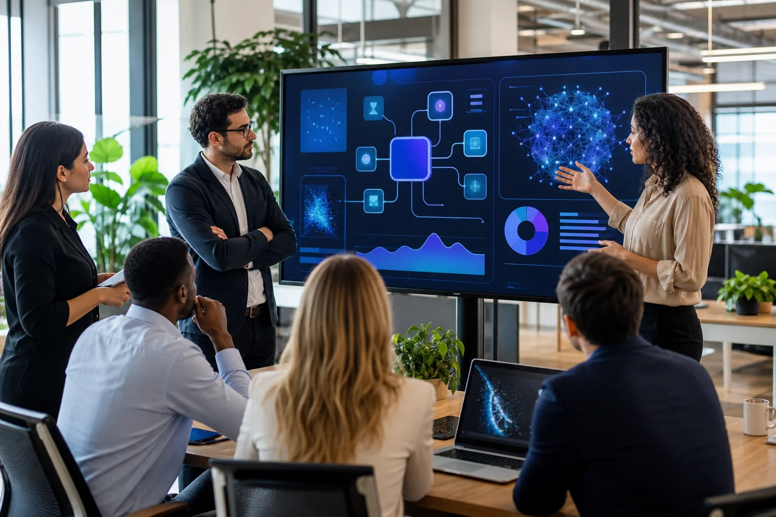 A diverse team collaborates around a digital screen displaying vibrant AI data visualizations in a modern, inviting office.
