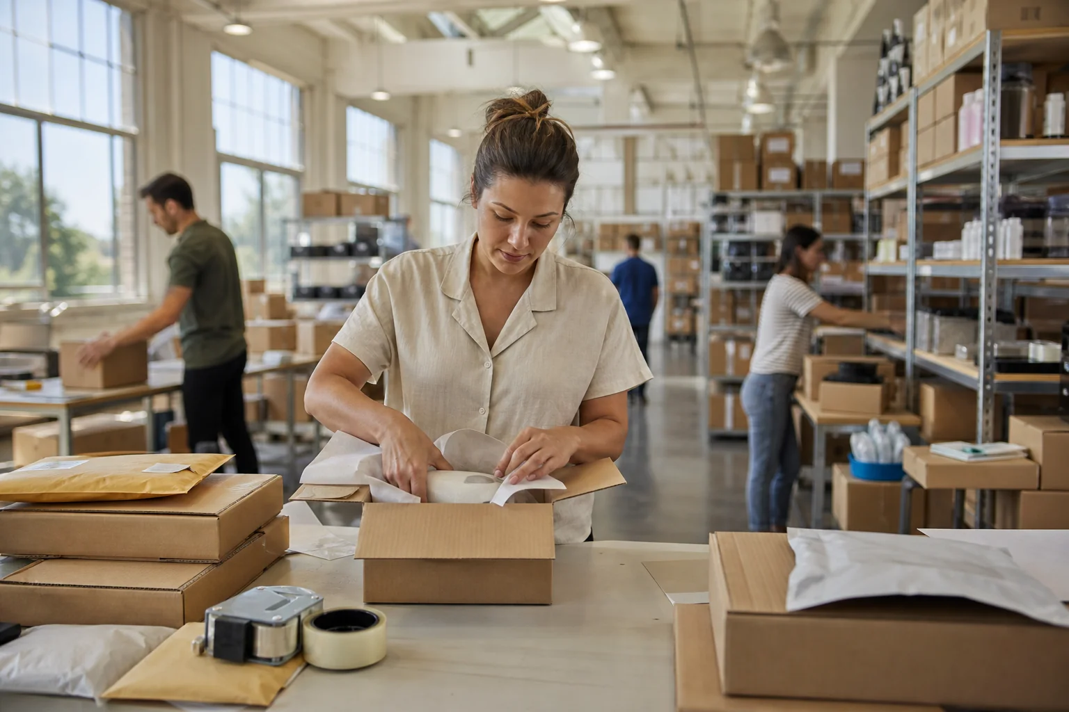A busy ecommerce warehouse with employees packing orders, organized shelves, and natural light creating a vibrant, efficient