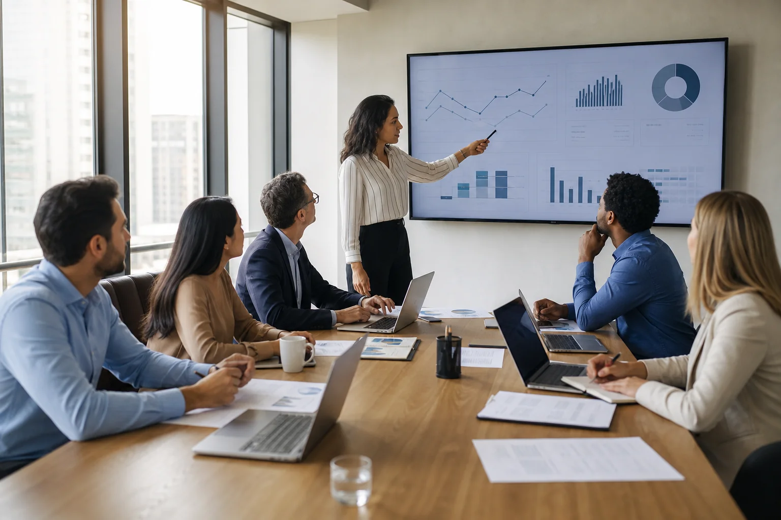 A diverse group of business professionals collaborates around a conference table, engaged in discussion with laptops and a di