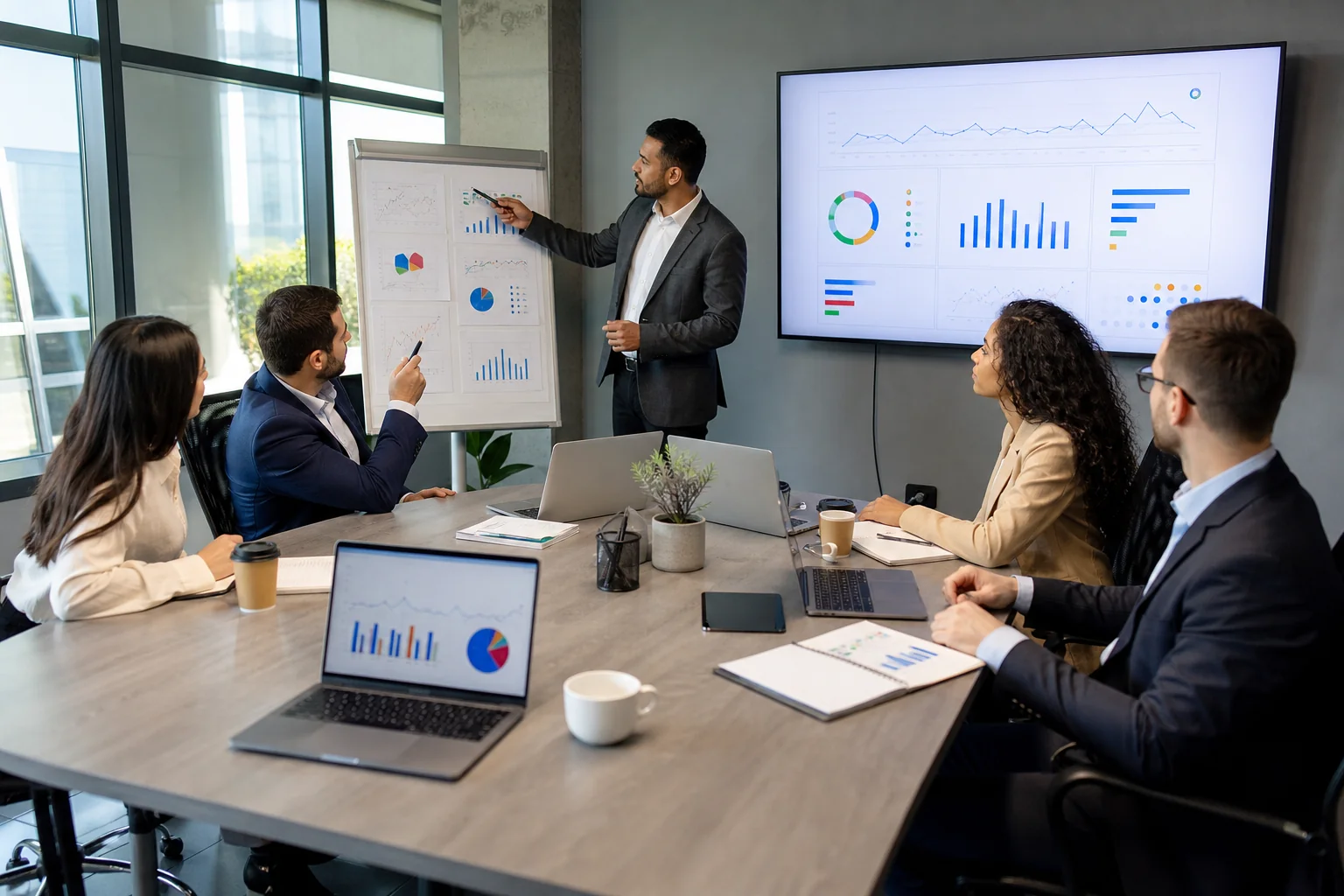 A diverse group in business attire collaborates in a bright conference room, discussing digital marketing strategies over lap